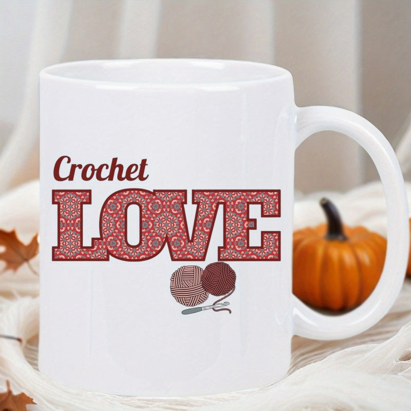 Tailorly White Ceramic 11 oz Mug - Crochet Love Artistic Patterned Letters Above Soft Woolen Yarn Balls And Metallic Hook Mug