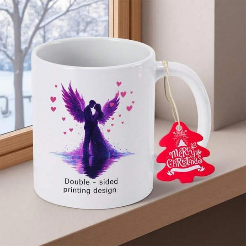 Tailorly White Ceramic 11 oz Mug - Double Sided Printing Design Romantic Silhouette With Vibrant Purple Wings And Red Hearts Couple