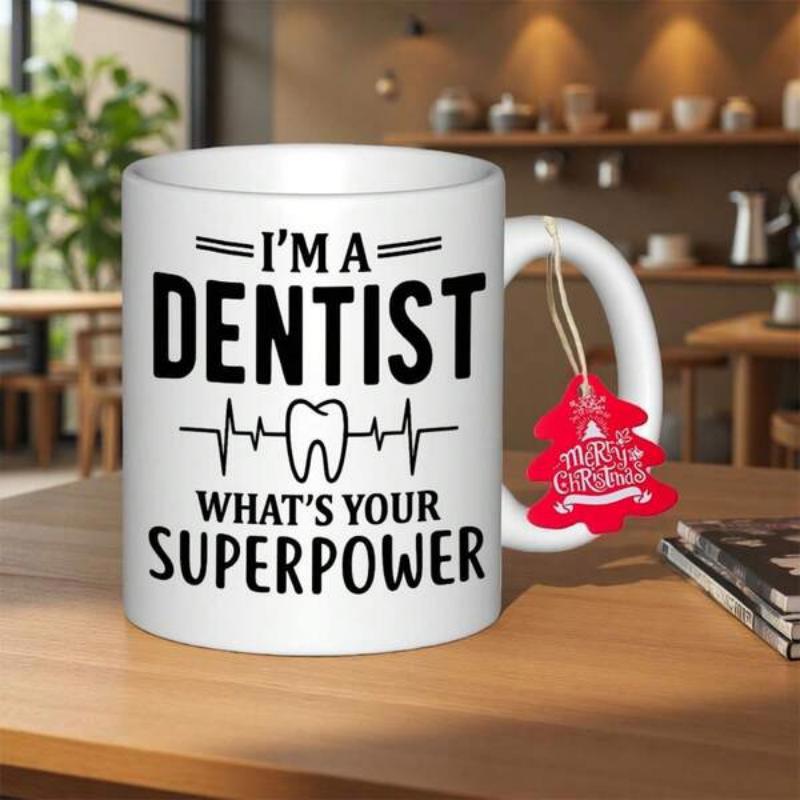 Tailorly White Ceramic 11 oz Mug - Im A Dentist Whats Your Superpower Sleek Professional Medical Design Representing Dental Care With Vital Heartbeat Line Tooth