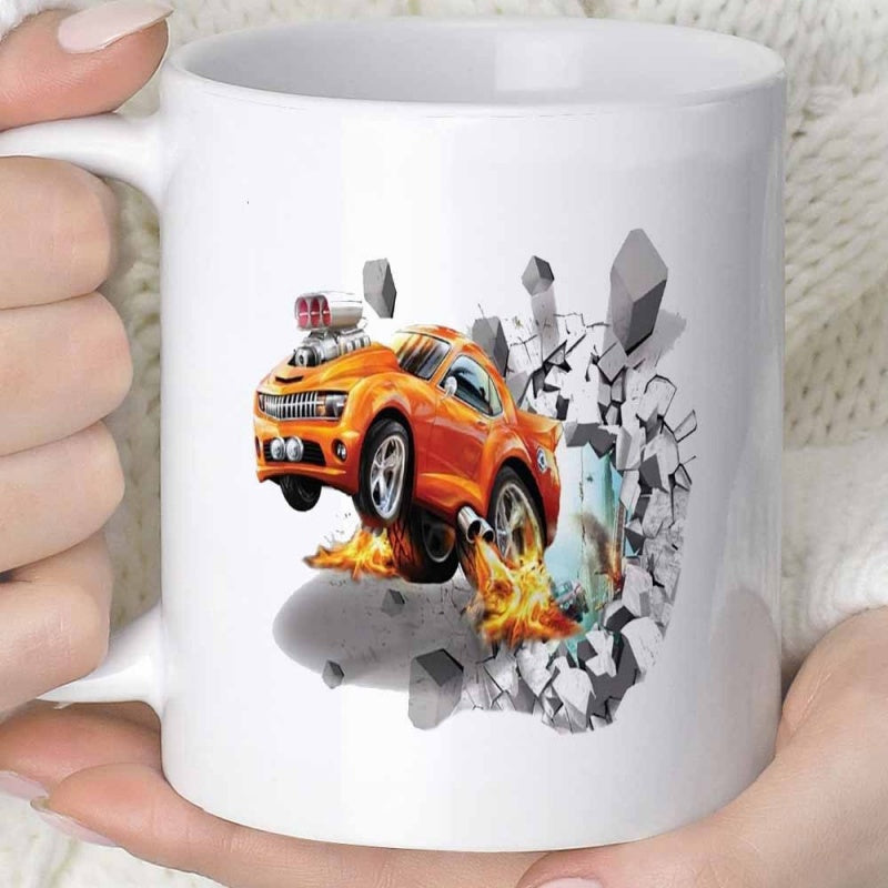 Tailorly White Ceramic 11 oz Mug - Fast Cartoonish Orange Muscle Car Bursting Through Concrete Wall With Fire Car