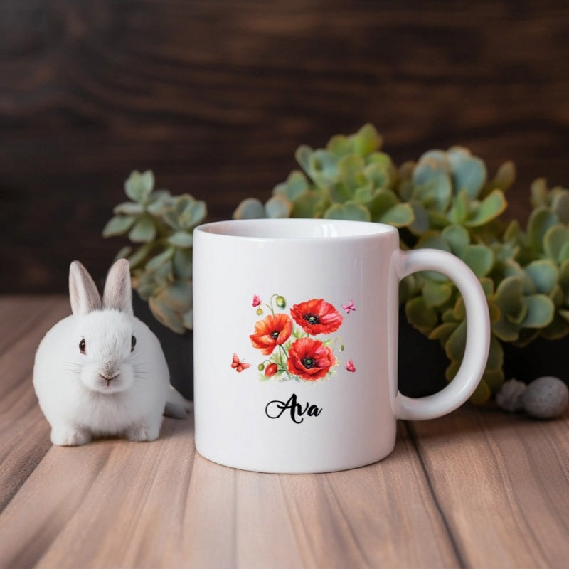 Tailorly White Ceramic 11 oz Mug - Aria Vibrant Red Poppies With Delicate Green Leaves And Small Butterflies Dancing Flower