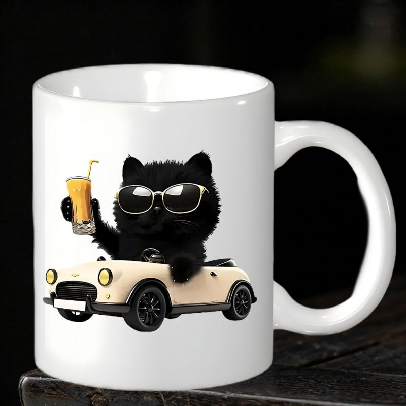 Tailorly White Ceramic 11 oz Mug - Cool Fluffy Black Cat Wearing Sunglasses Driving A Classic Convertible Cat
