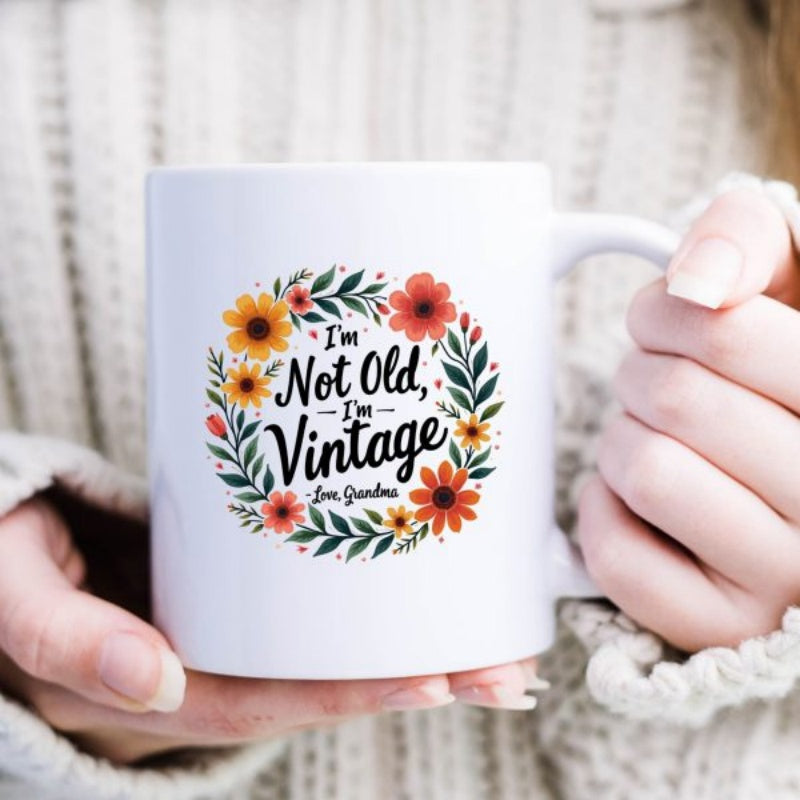Tailorly White Ceramic 11 oz Mug - Im Not Old Im Vintage Love Grandma Vibrant Autumn Blossoms Arranged In A Circular Decorative Flower Wreath