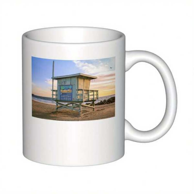 Tailorly White Ceramic 11 oz Mug - Pastel Sunset Sky Over Scenic Beach With A Wooden Coastal Lifeguard Tower
