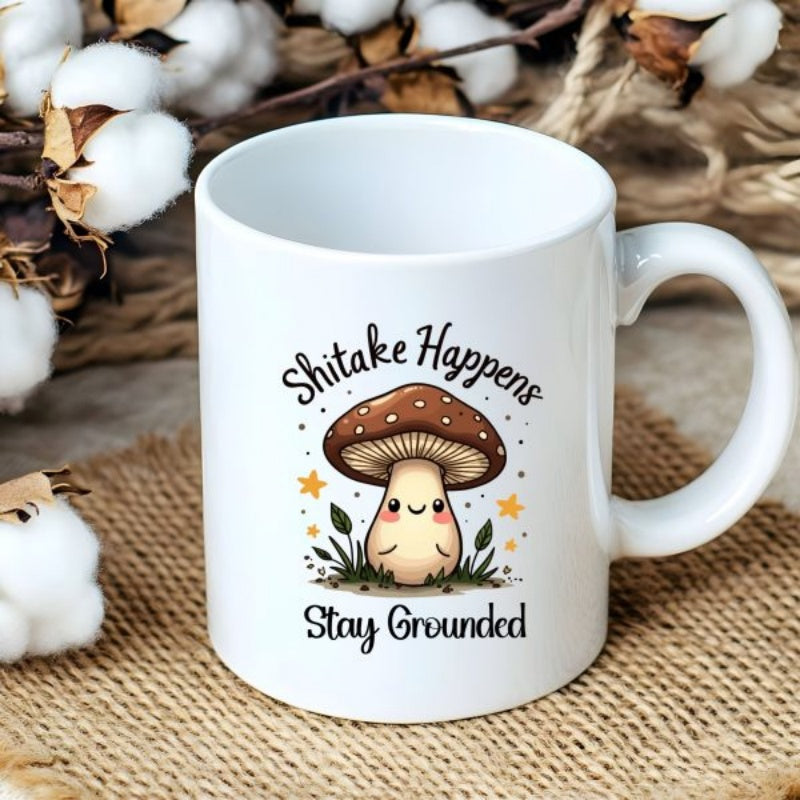 Tailorly White Ceramic 11 oz Mug - Shitake Happens Stay Grounded Cute Smiling Shiitake Character With Brown Cap And Twinkling Stars Mushroom