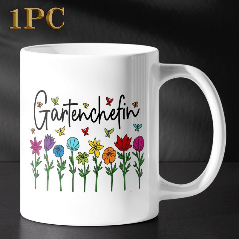 Tailorly White Ceramic 11 oz Mug - Vibrant Colorful Spring Garden With Delicate Butterflies Fluttering Around Wild Flower