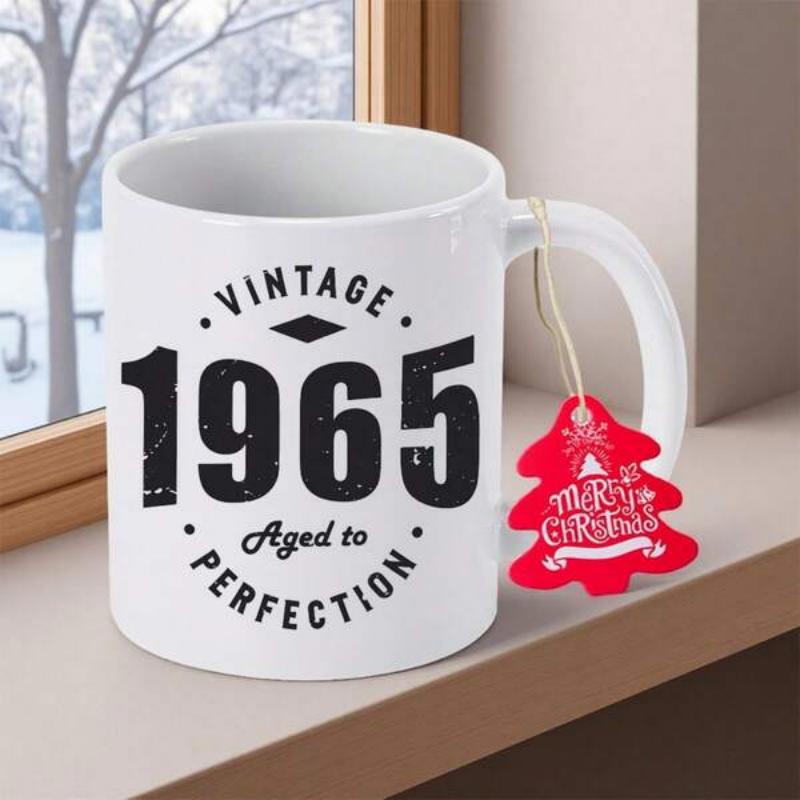 Tailorly White Ceramic 11 oz Mug - Vintage 1965 Aged To Perfection Bold Distressed Typography Arranged In A Circular Emblem Style Minimalist Mug
