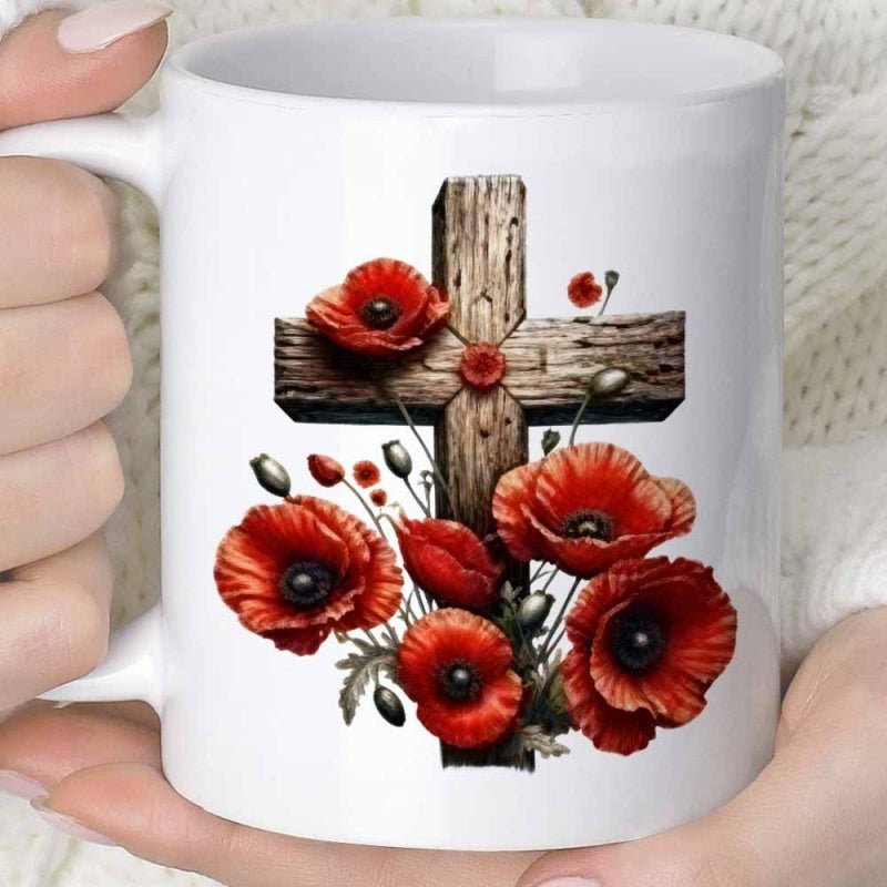 Tailorly White Ceramic 11 oz Mug - Rustic Weathered Wood Surrounded By Vibrant Red Blooming Wild Poppies Cross