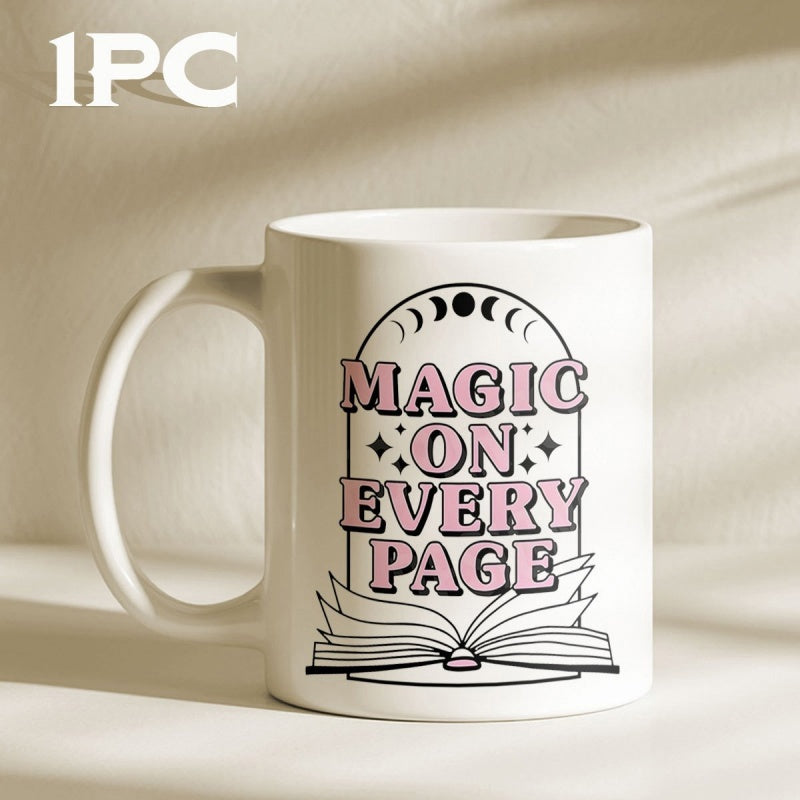 Tailorly White Ceramic 11 oz Mug - Magic On Every Page Mystical Arch With Moon Phases Over An Open Book