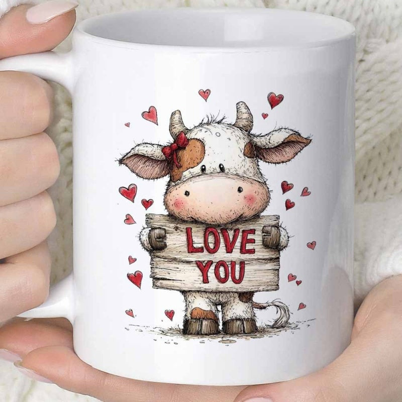 Tailorly White Ceramic 11 oz Mug - Love You Adorable Spotted Calf Holding A Rustic Sign Among Floating Hearts Cow
