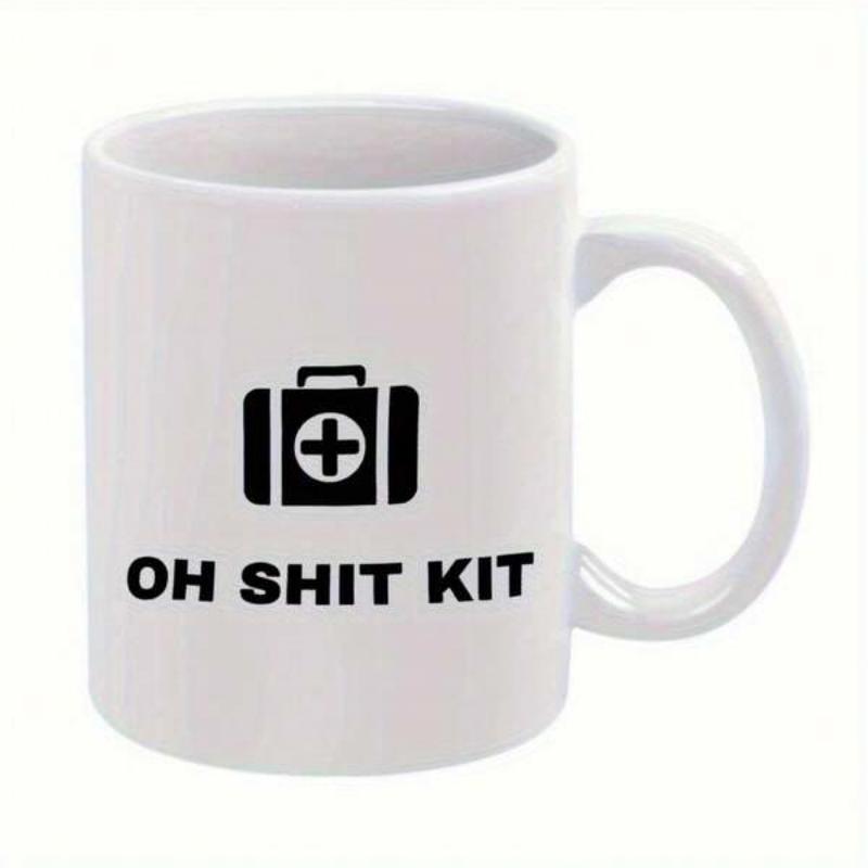 Tailorly White Ceramic 11 oz Mug - Oh Shit Kit Simple Black Silhouette Of First Aid Box Featuring A Central Cross Kit
