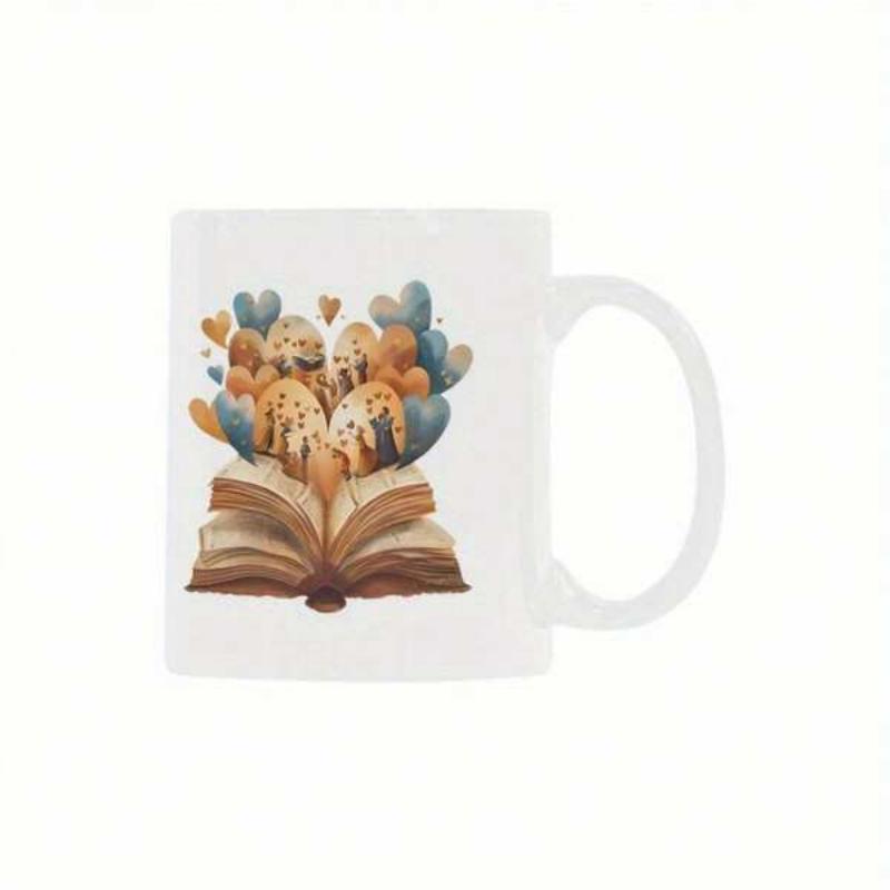 Tailorly White Ceramic 11 oz Mug - Whimsical Open Book With Floating Hearts Rising From Inside Pages Book