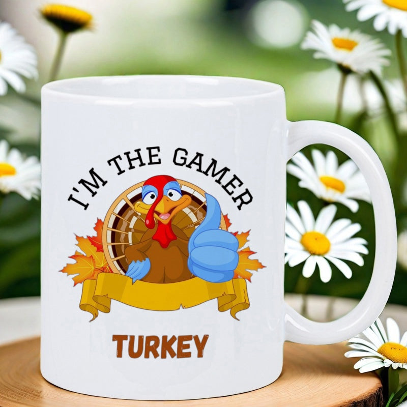 Tailorly White Ceramic 11 oz Mug - Im The Gamer Turkey Cartoon Thanksgiving Bird Giving Thumbs Up Among Golden Autumn Leaves Turkey