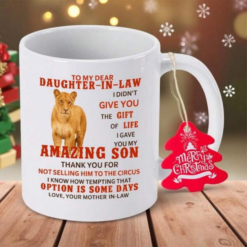 Tailorly White Ceramic 11 oz Mug - To My Dear Daughter In Law Majestic Lioness Standing Proudly Within A Soft Golden Wilderness Lioness