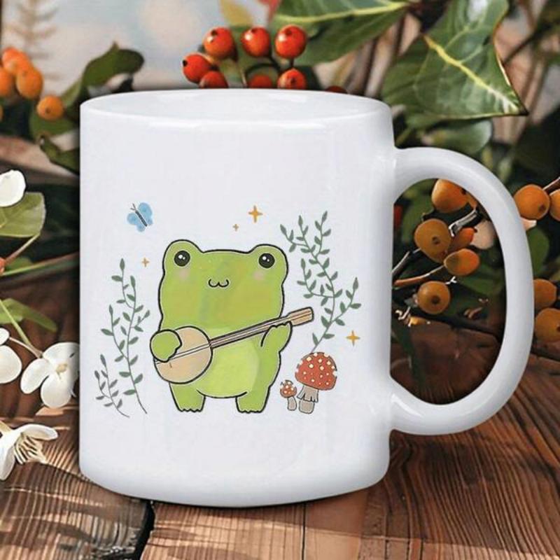 Tailorly White Ceramic 11 oz Mug - Cute Little Green Playing Banjo Among Leaves And Mushroom Frog