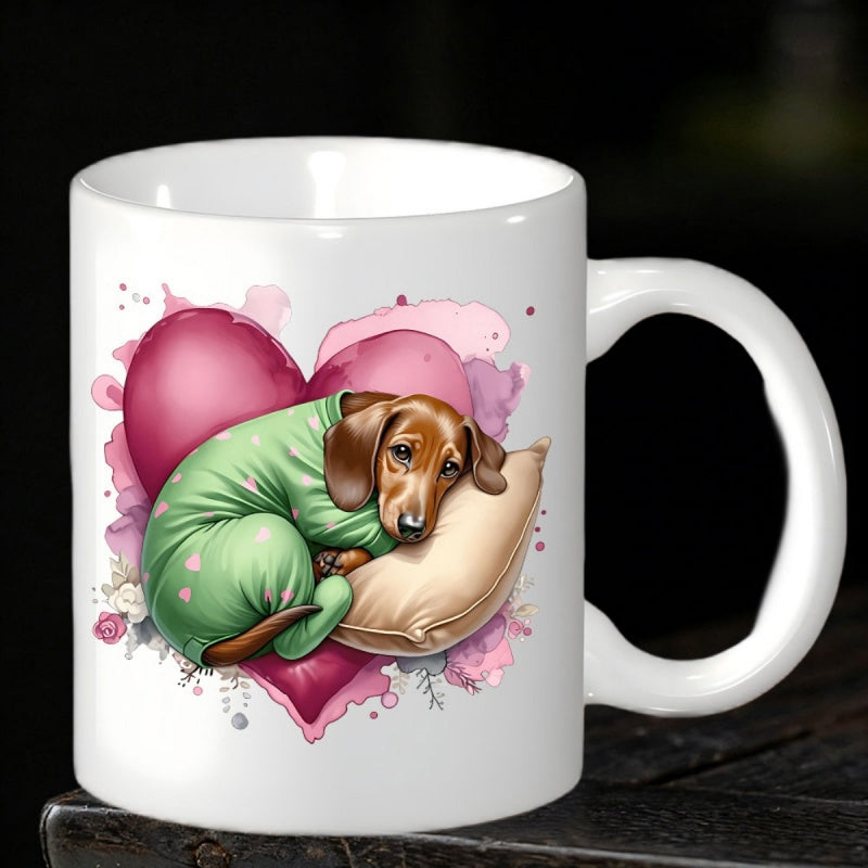 Tailorly White Ceramic 11 oz Mug - Sleeping Brown Dog In Green Pajamas Resting On Soft Pillow Heart Dachshund