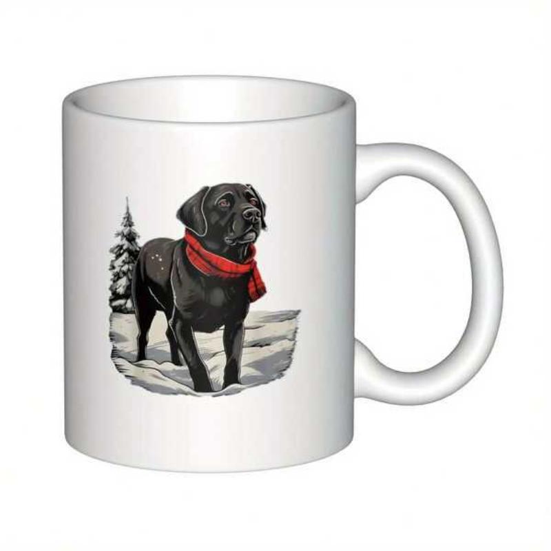 Tailorly White Ceramic 11 oz Mug - Loyal Black Labrador Wearing Bright Red Scarf Standing In Snowy Winter Landscape Dog