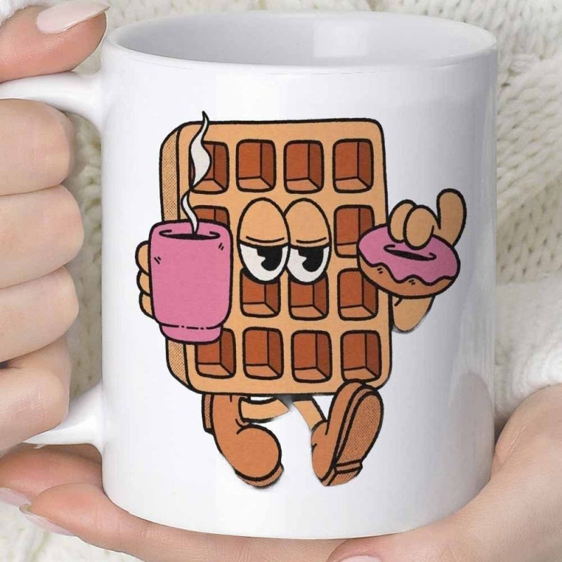 Tailorly White Ceramic 11 oz Mug - Retro Animated Style Character Holding Steaming Pink Coffee Mug And Donut Waffle