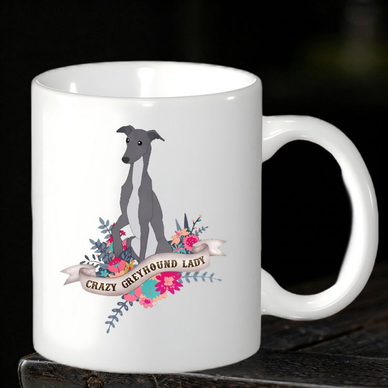 Tailorly White Ceramic 11 oz Mug - Crazy Greyhound Lady Graceful Slender Dog Standing Among Colorful Blooming Botanical Flowers Greyhound