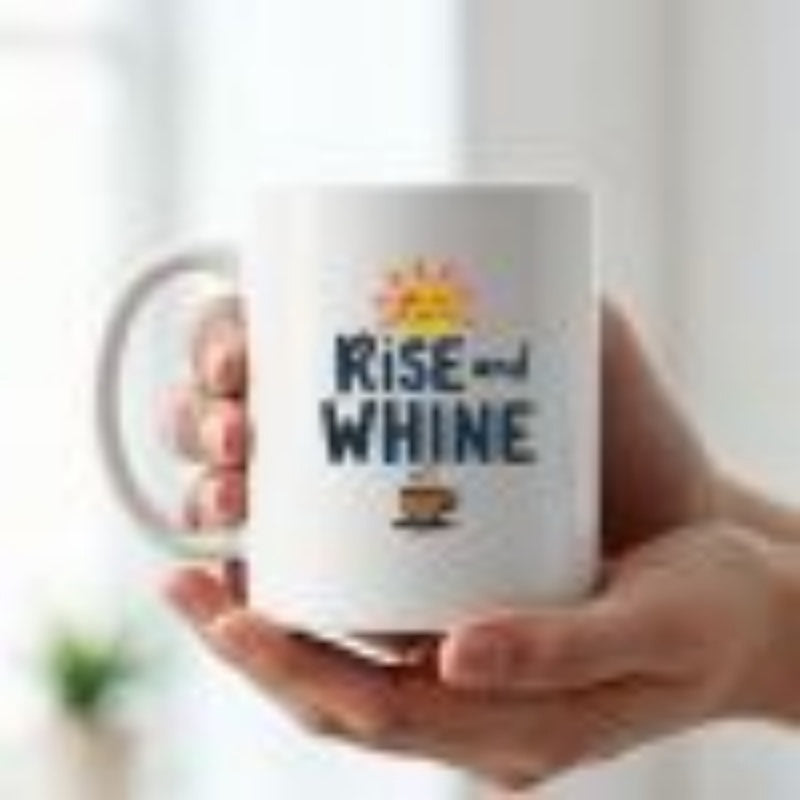 Tailorly White Ceramic 11 oz Mug - Rise And Whine Golden Smiling Sun Shining Over Steaming Coffee Cup Mug