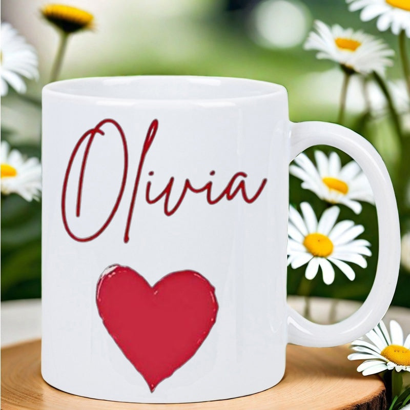 Tailorly White Ceramic 11 oz Mug - Olivia Minimalist Hand Drawn Red Symbol Centered Below Elegant Cursive Name Heart