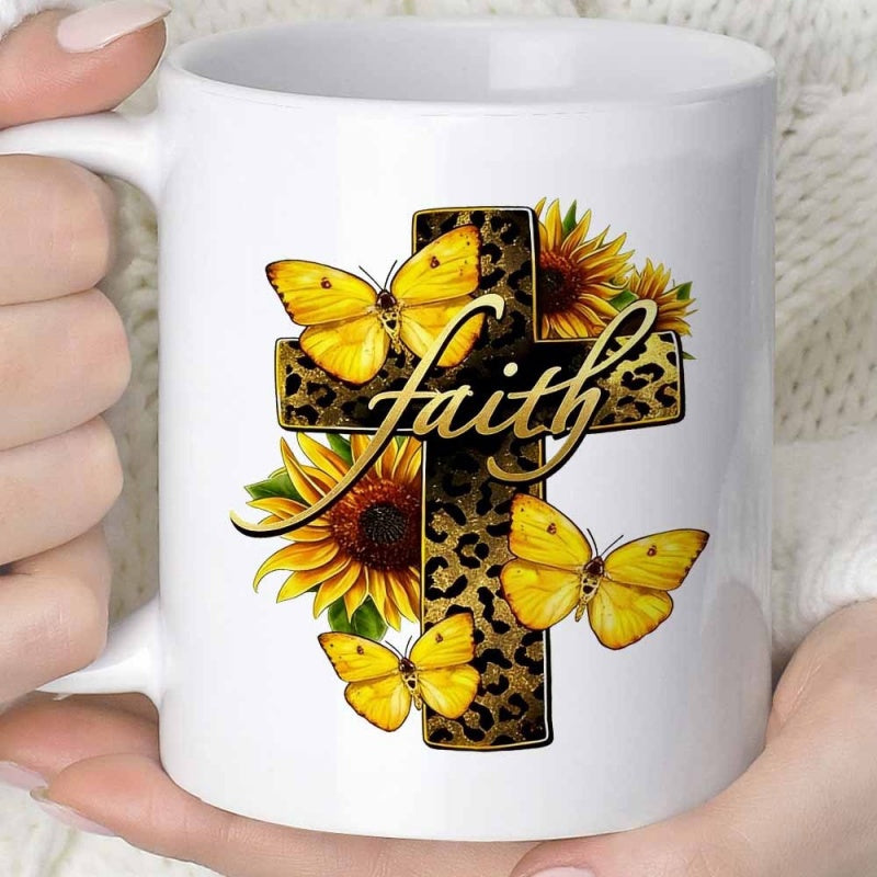 Tailorly White Ceramic 11 oz Mug - Faith Leopard Patterned Texture Among Sunflowers And Vibrant Yellow Butterflies Cross