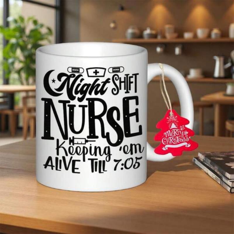 Tailorly White Ceramic 11 oz Mug - Night Shift Nurse Keeping Em Alive Till 705 Stylized Black Typography With Medical Icons On White Background Mug