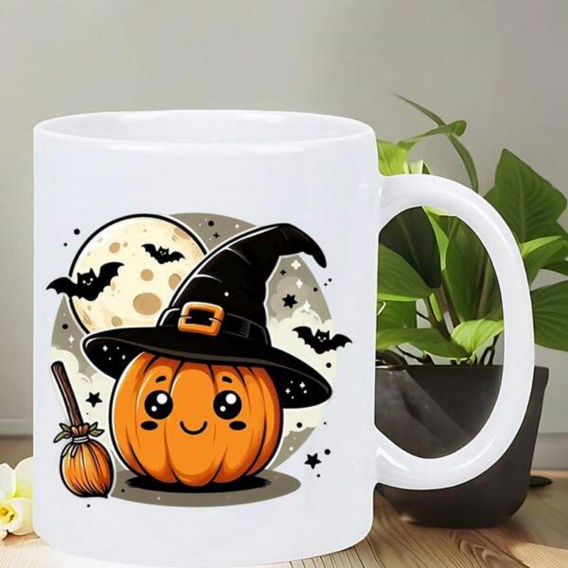 Tailorly White Ceramic 11 oz Mug - Cute Smiling Festive Scene Wearing Witch Hat Under Glowing Full Moon Pumpkin