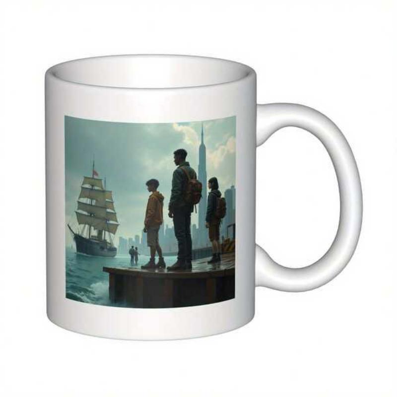 Tailorly White Ceramic 11 oz Mug - Majestic Three Masted Vessel Sailing Past Modern City Skyline Harbor Sailing Ship