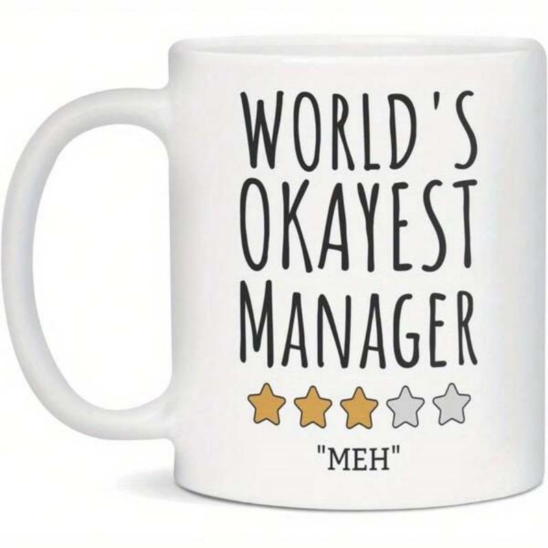 Tailorly White Ceramic 11 oz Mug - Worlds Okayest Manager Meh Three Gold And Two Grey Five Pointed Rating Stars