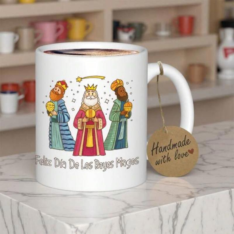 Tailorly White Ceramic 11 oz Mug - Hand Drawn Cartoon Biblical Three Wise Men With Golden Crowns King