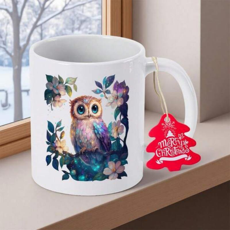 Tailorly White Ceramic 11 oz Mug - Merry Christmas Whimsical Colorful Owl Resting Among Enchanting Floral Leaves And Cosmic Patterns Owl