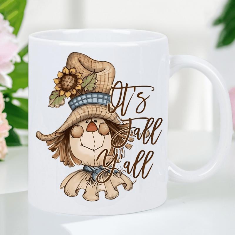Tailorly White Ceramic 11 oz Mug - Its Fall Yall Smiling Straw Figure With Sunflower Hat Among Autumn Harvest Elements Scarecrow