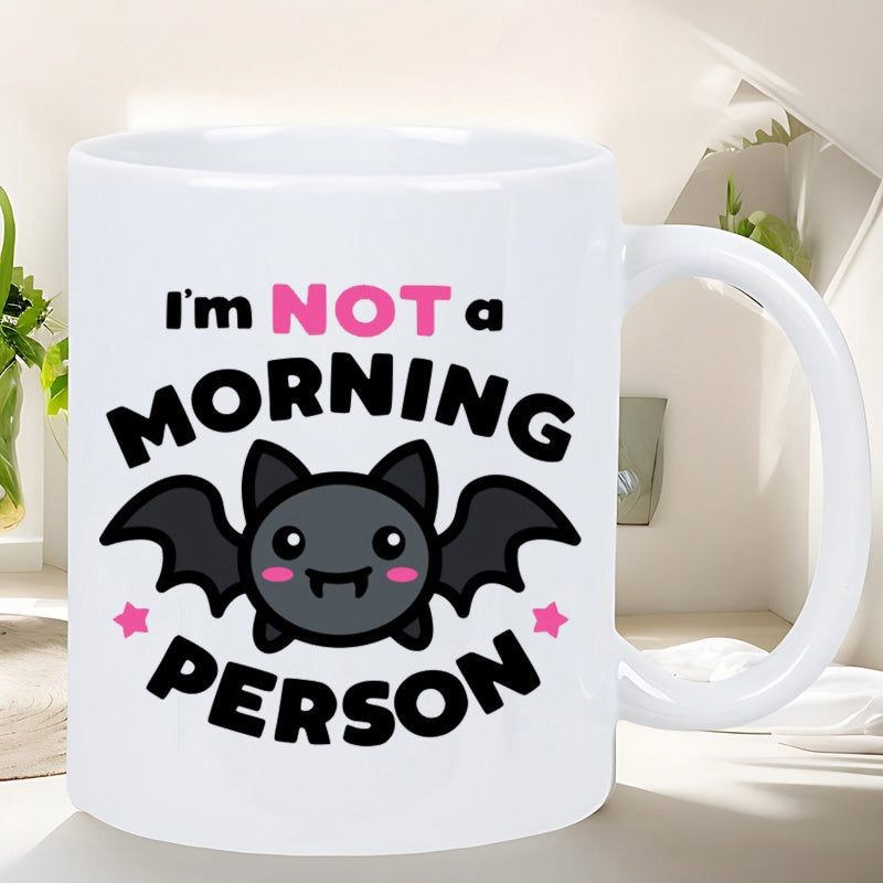 Tailorly White Ceramic 11 oz Mug - Im Not A Morning Person Adorable Small Dark Bat With Pink Cheeks And Tiny Wings Between Stars Bat