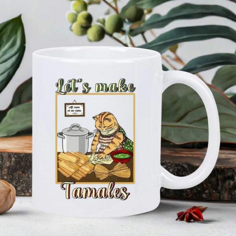 Tailorly White Ceramic 11 oz Mug - Lets Make Tamales Vintage Style Orange Cat Preparing Homemade Mexican Corn Husks Cat