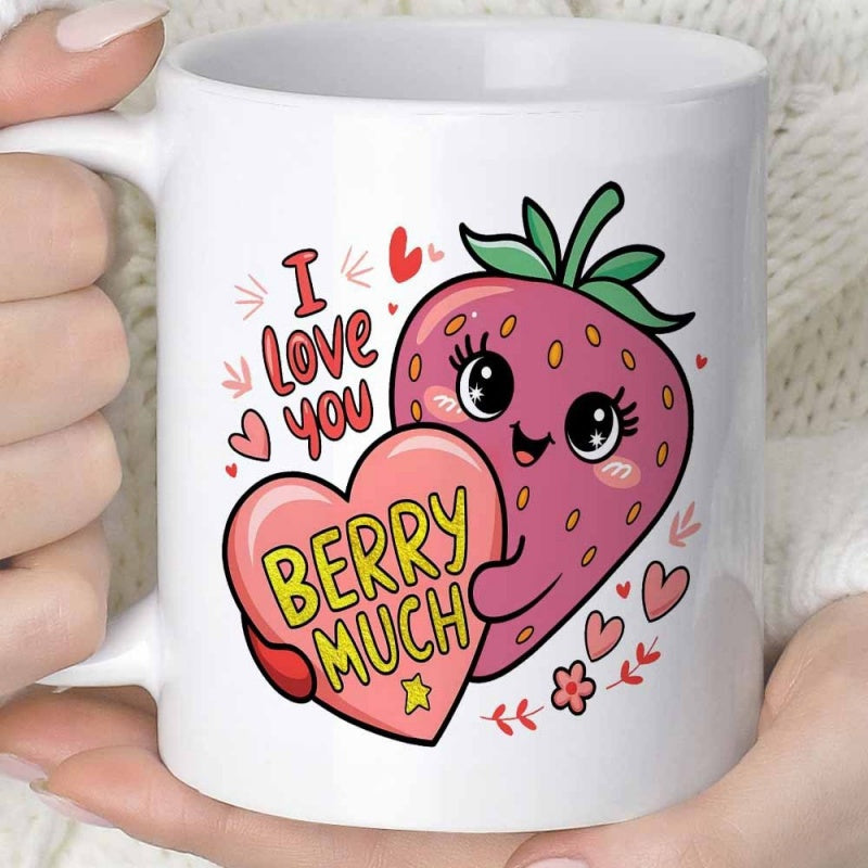Tailorly White Ceramic 11 oz Mug - I Love You Berry Much Adorable Cartoon Fruit Holding A Pink Heart Surrounded By Love Strawberry