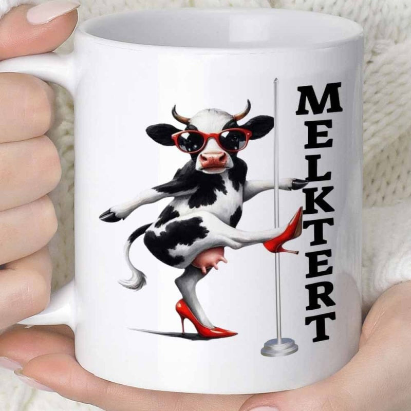 Tailorly White Ceramic 11 oz Mug - Humorous Spotted Bovine Wearing Sunglasses And High Red Heels Cow