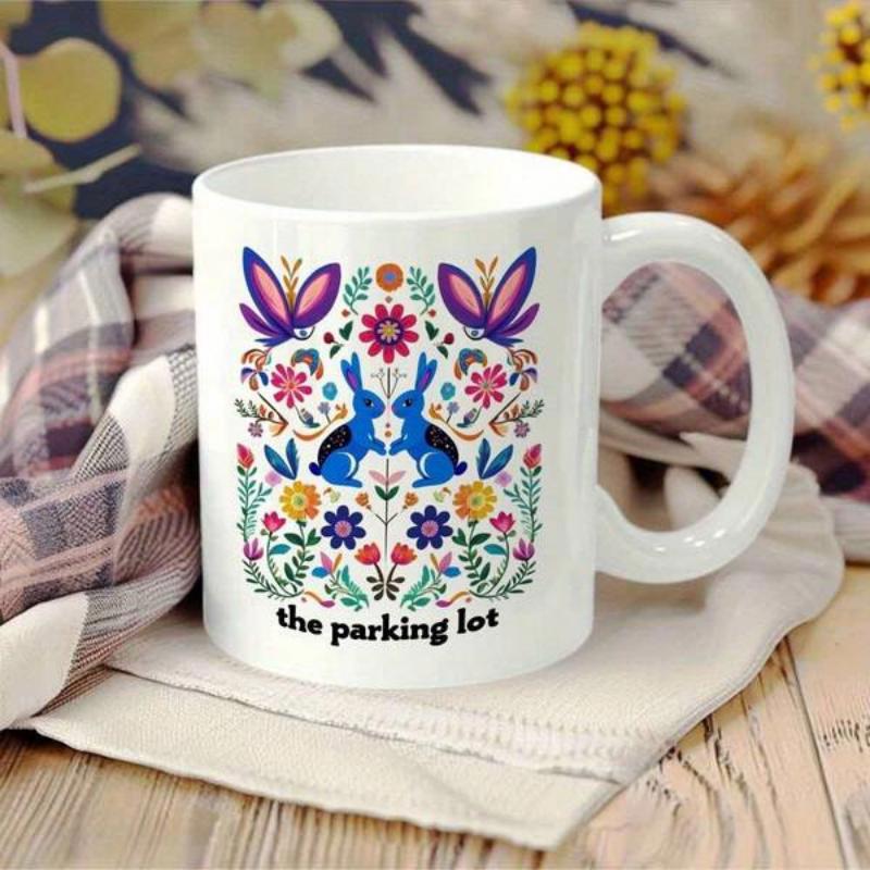 Tailorly White Ceramic 11 oz Mug - The Parking Lot Vibrant Symmetrical Folk Art Design With Butterflies And Flowers Rabbit