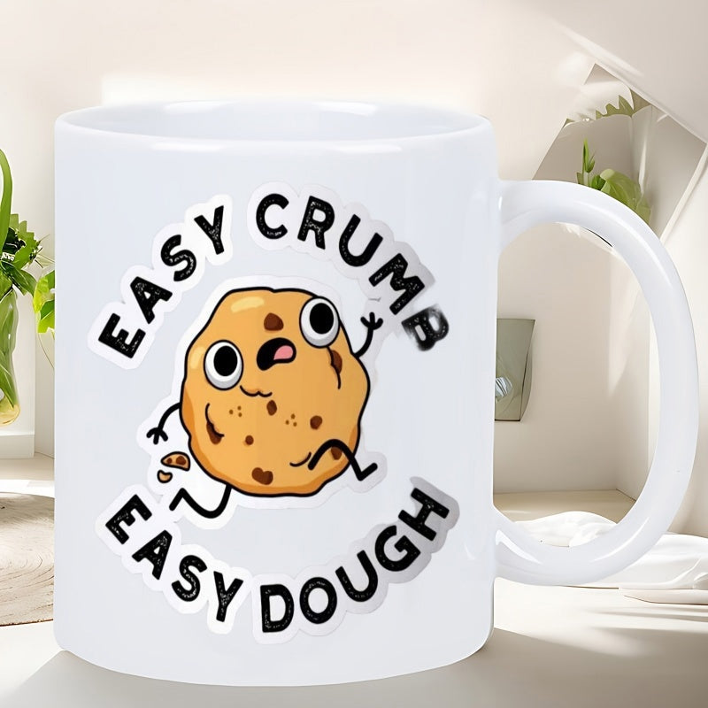 Tailorly White Ceramic 11 oz Mug - Easy Crumb Easy Dough Funny Animated Food Character Running With Crumbs Falling Behind Smiling Cookie