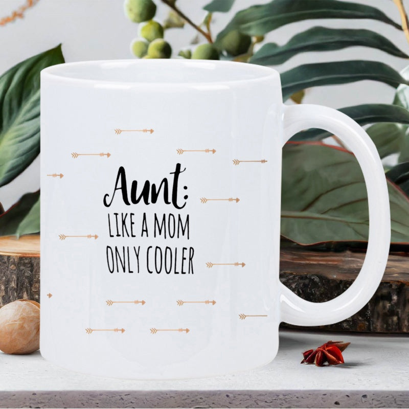 Tailorly White Ceramic 11 oz Mug - Aunt Like A Mom Only Cooler Simple Minimalist Gold Arrows Scattered Across A Clean