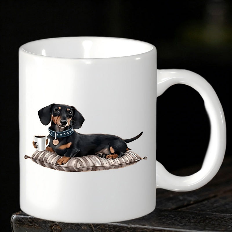Tailorly White Ceramic 11 oz Mug - Adorable Black Tan Dachshund Resting Comfortably On Striped Pillow Dachshund