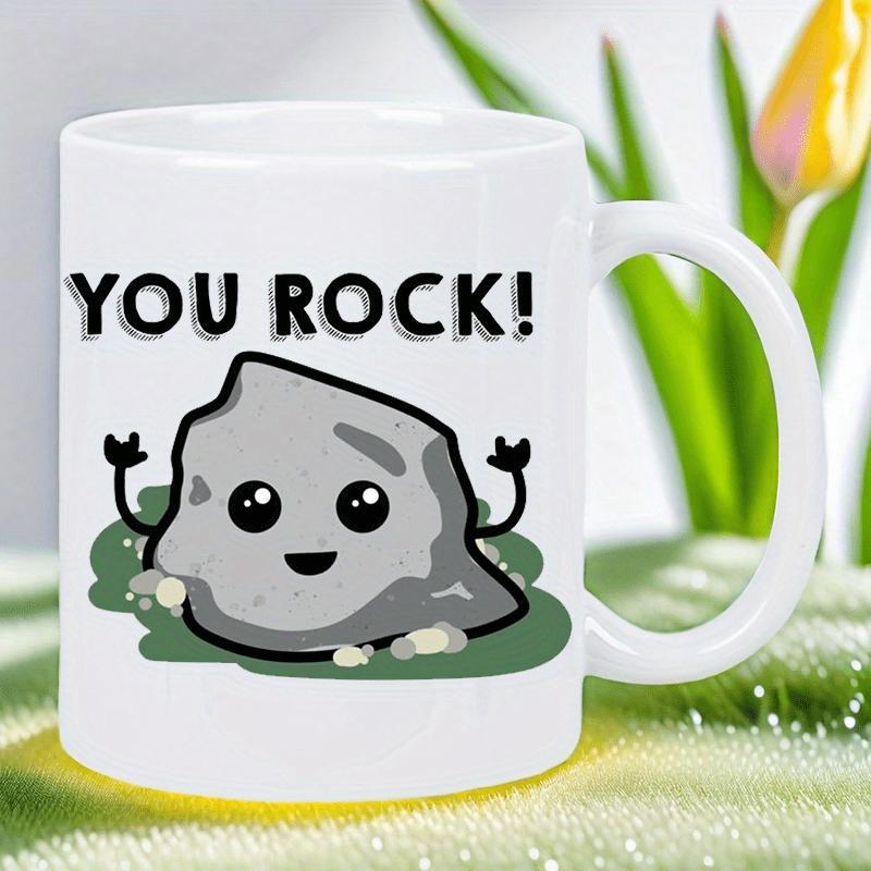 Tailorly White Ceramic 11 oz Mug - You Rock Cute Cartoon Smiling Stone Character Sitting On Green Mossy Grass Patch Rock