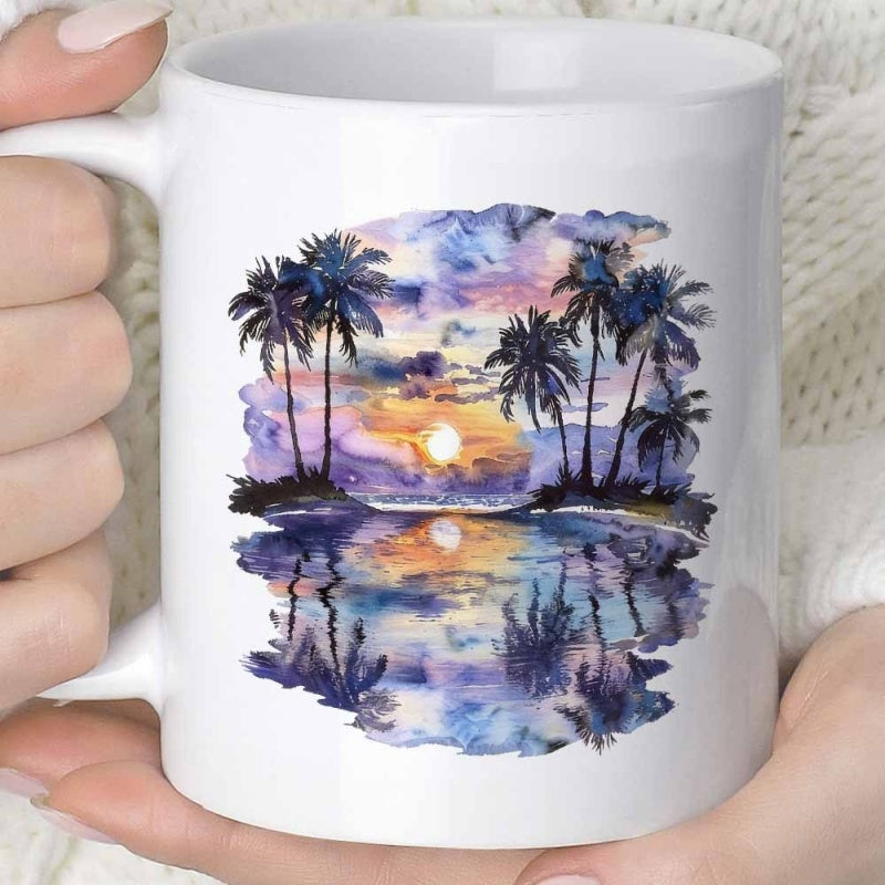 Tailorly White Ceramic 11 oz Mug - Glimmering Watercolor Tropical Coastline With Palm Trees Reflecting In Calming Waters Sunset