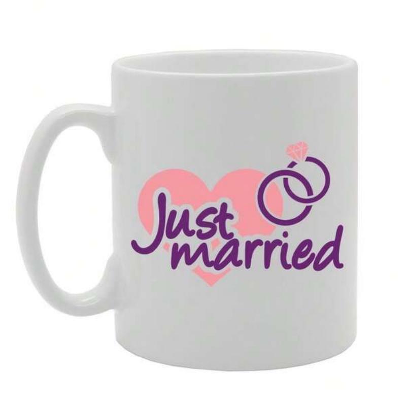 Tailorly White Ceramic 11 oz Mug - Just Married Elegant Interlocking Wedding Rings Over A Romantic Soft Pink Heart