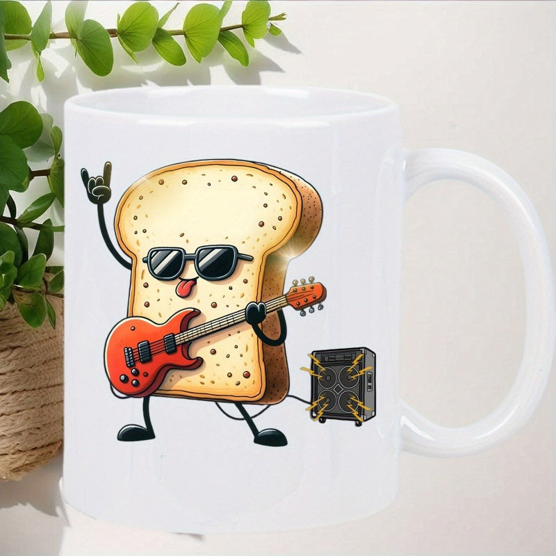 Tailorly White Ceramic 11 oz Mug - Cool Cartoon Character Wearing Sunglasses Playing Red Electric Guitar With Amplifier Bread