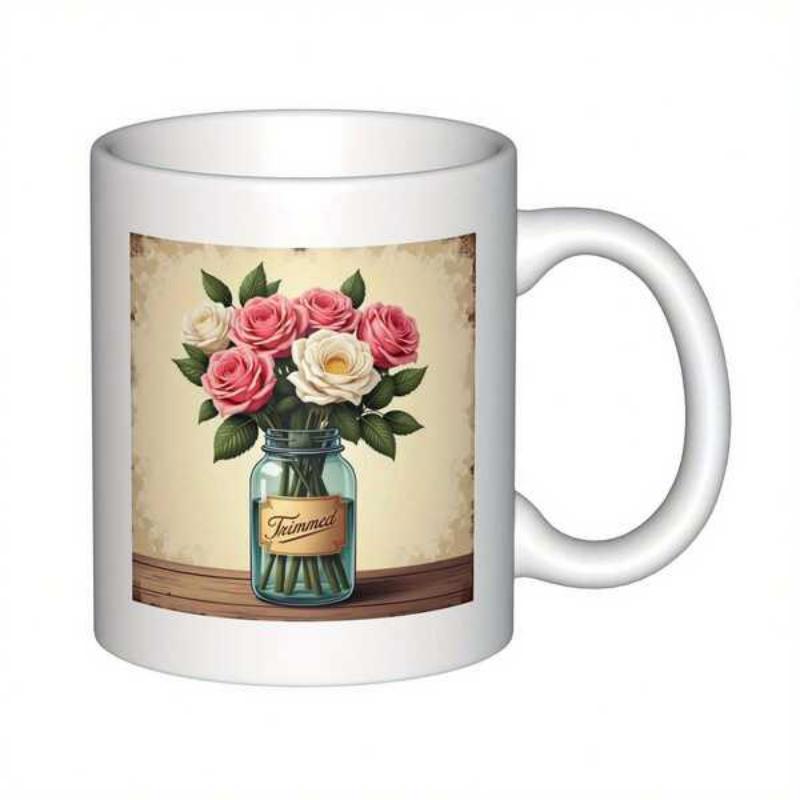 Tailorly White Ceramic 11 oz Mug - Flowers Vintage Pink Roses In Glass Jar On Wooden Surface Flower
