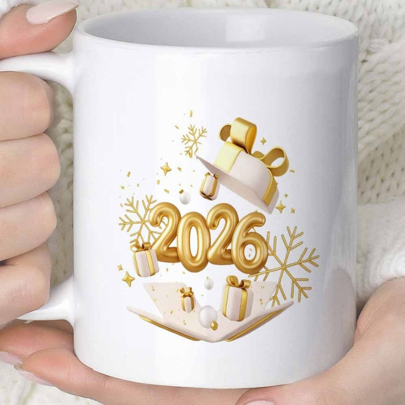 Tailorly White Ceramic 11 oz Mug - 2026 Golden Festive Ornaments And Snowflakes Popping From An Open Gift Box Celebration