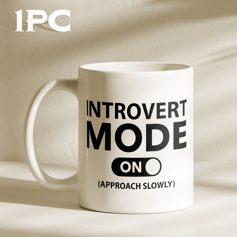 Tailorly White Ceramic 11 oz Mug - Introvert Mode On Approach Slowly Minimalist White Ceramic Material Featuring Bold Black Typography And Toggle Icon Mug