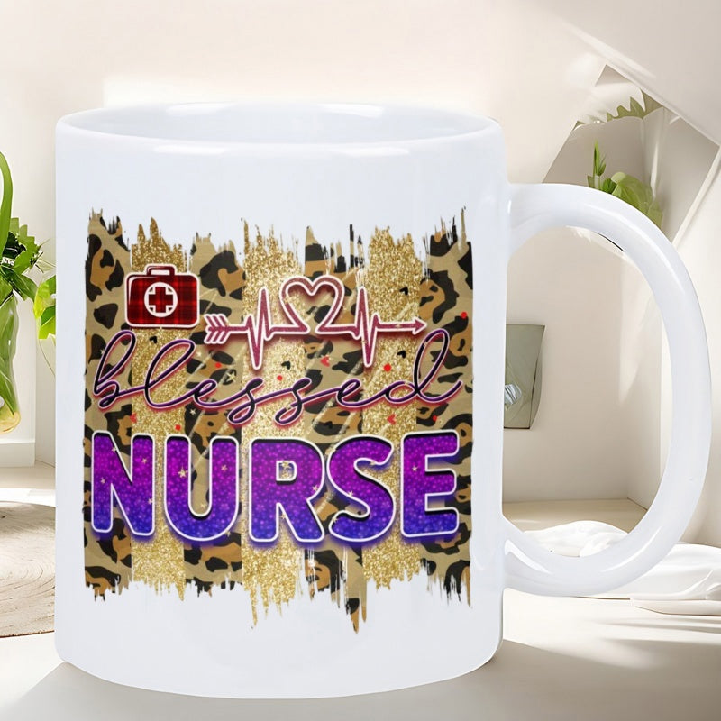 Tailorly White Ceramic 11 oz Mug - Blessed Nurse Leopard Print Pattern Background Featuring Golden Glitter And Medical Cross Icon Heartbeat Line Nurse