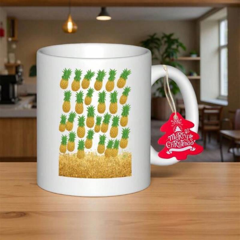 Tailorly White Ceramic 11 oz Mug - Merry Christmas Vibrant Tropical Fruit Pattern Floating Above A Sparkling Golden Glitter Base Pineapple